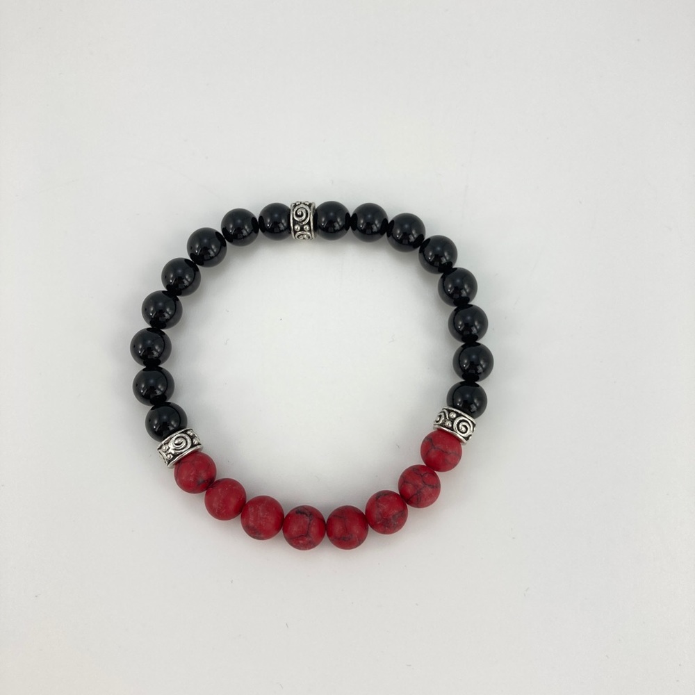Obsidian and Red Howlite Stretch Bracelet, Handmade, 8mm Stones, 8" Long - Picture 5 of 6